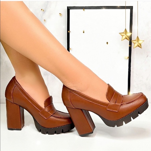Shoes - Lug Sole Tan High Heel Platform Penny Loafer